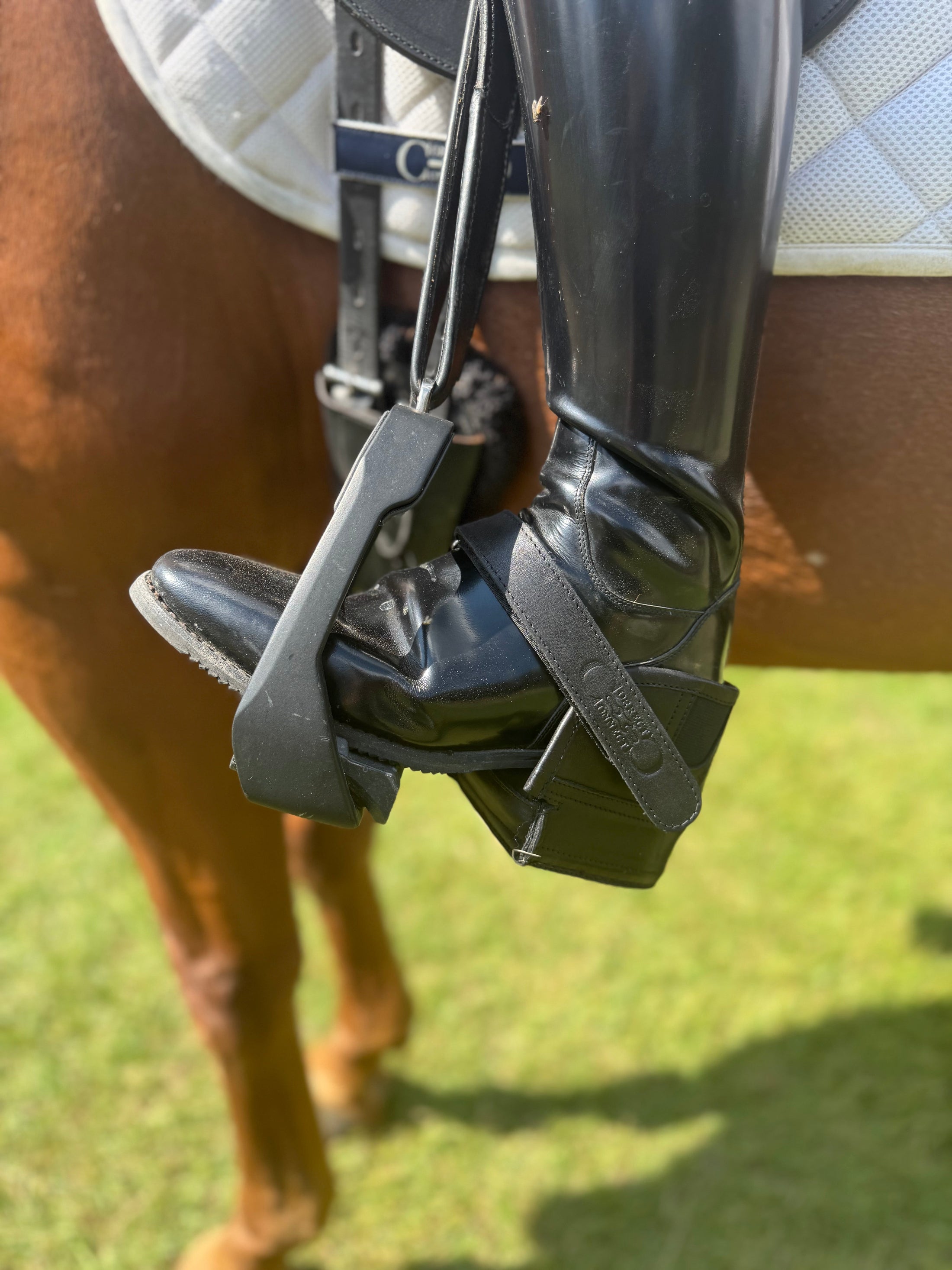 Equisole EXternal-Weighted Training Aid attached to a black riding boot on a horse, designed for equestrian training.