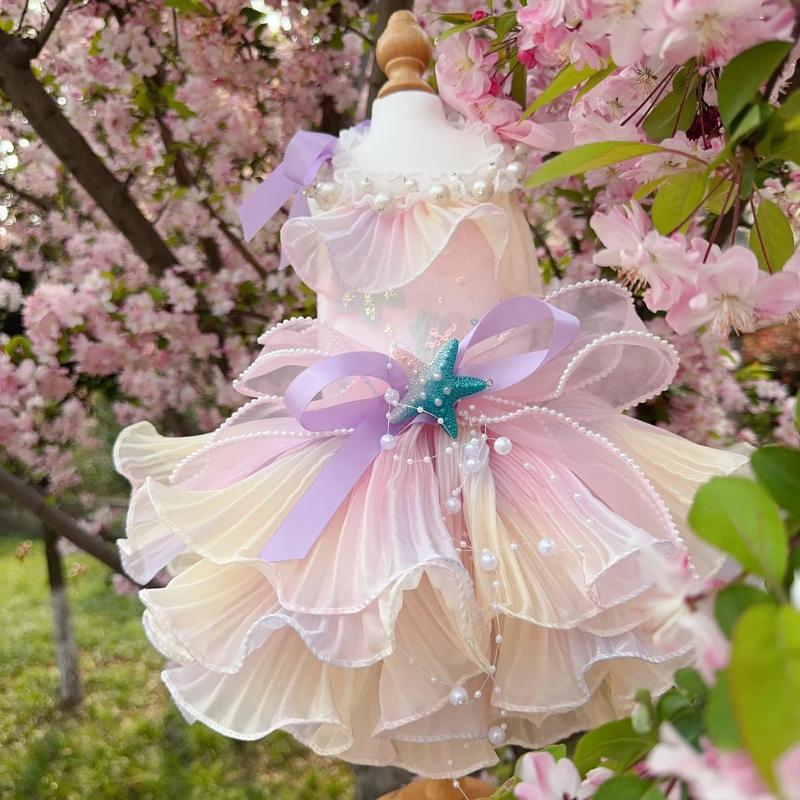 Luxury Handmade Pink Pearl Starfish Dog Party Dress - Southlake Paws