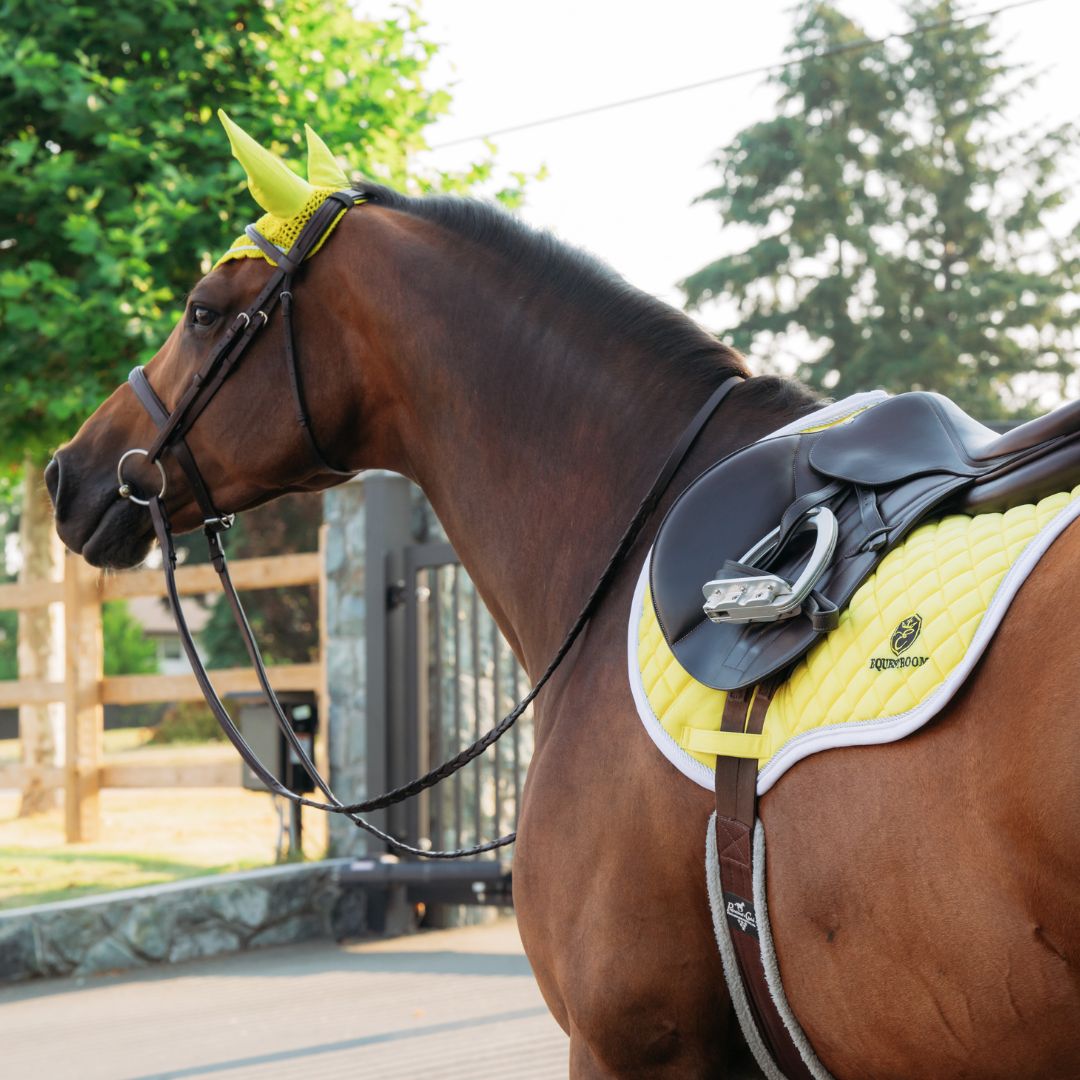 Southlake Paws Mimosa Saddle Pad on a brown horse, featuring a bright yellow design and matching ear bonnet.