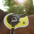 Load image into Gallery viewer, Mimosa Saddle Pad by Southlake Paws, featuring a bright yellow quilted design and a brown saddle on a horse.
