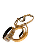 Load image into Gallery viewer, Glam Gold Embossed Studded Italian Leather Collar, Leash & Harness Set With Our Custom Swarovski Crystal Buckle
