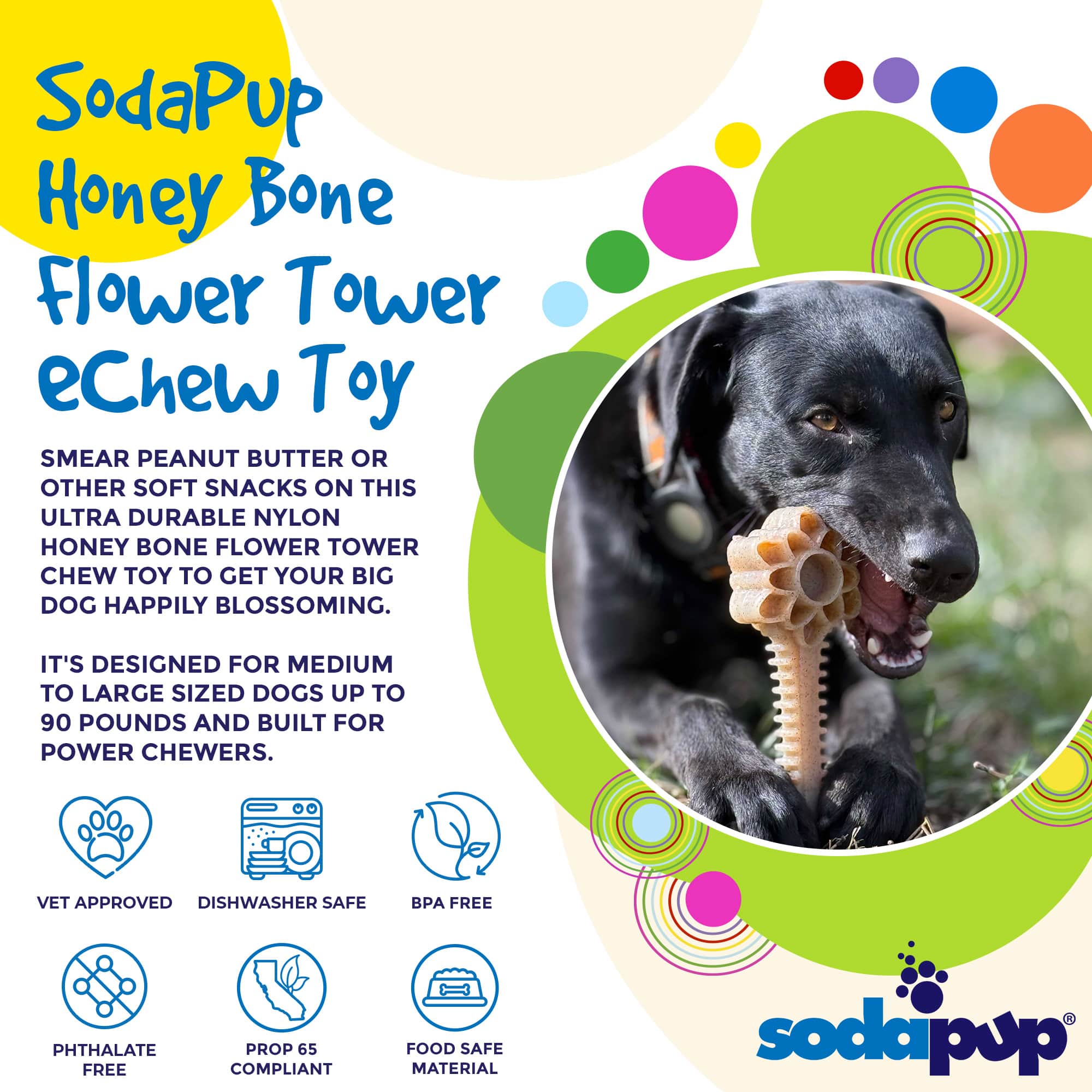 Southlake Paws Honey Bone Dental Flower Tower - XL indestructible nylon dog chew toy, designed for large dogs up to 90 lbs.