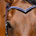 Load image into Gallery viewer, Blue Astra Browband by Southlake Paws featuring a sparkling blue and silver design on a horse's brow.
