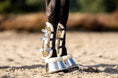 Load image into Gallery viewer, Aurum Open Front Boots by Southlake Paws, featuring shiny silver design with soft fur lining, worn on a horse's legs.
