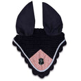 Load image into Gallery viewer, Black crochet fly hat with rose quartz center, scalloped edges, and black ear covers. Features a crown logo.
