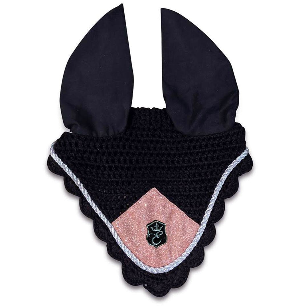 Black crochet fly hat with rose quartz center, scalloped edges, and black ear covers. Features a crown logo.