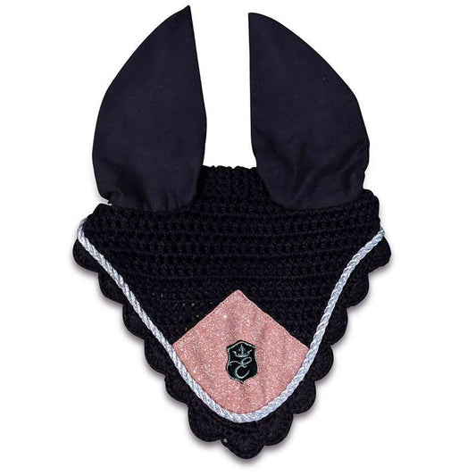 Black crochet fly hat with rose quartz center, scalloped edges, and black ear covers. Features a crown logo.