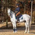 Load image into Gallery viewer, Southlake Paws Blue Astra Saddle Pad Set on a gray horse, rider in navy top and brown pants, autumn forest background.
