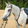 Load image into Gallery viewer, Southlake Paws 3-Point Breastplate with Double Neck Strap on a gray horse, featuring leather straps and a saddle.
