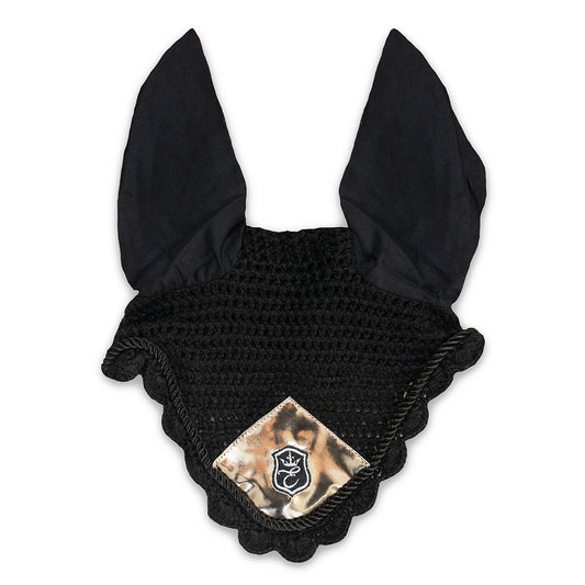 Black Aurum Fly Hat by Southlake Paws with large floppy ears and a decorative patch at the front. Ideal for pet protection.