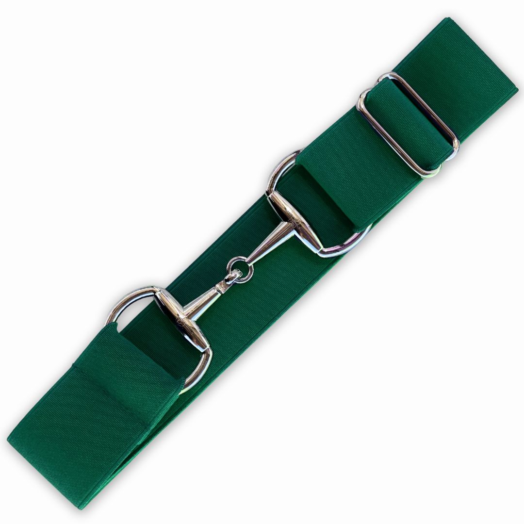 Southlake Paws Pine Grove Elastic Equestrian Belt in green with silver hardware and adjustable buckles.