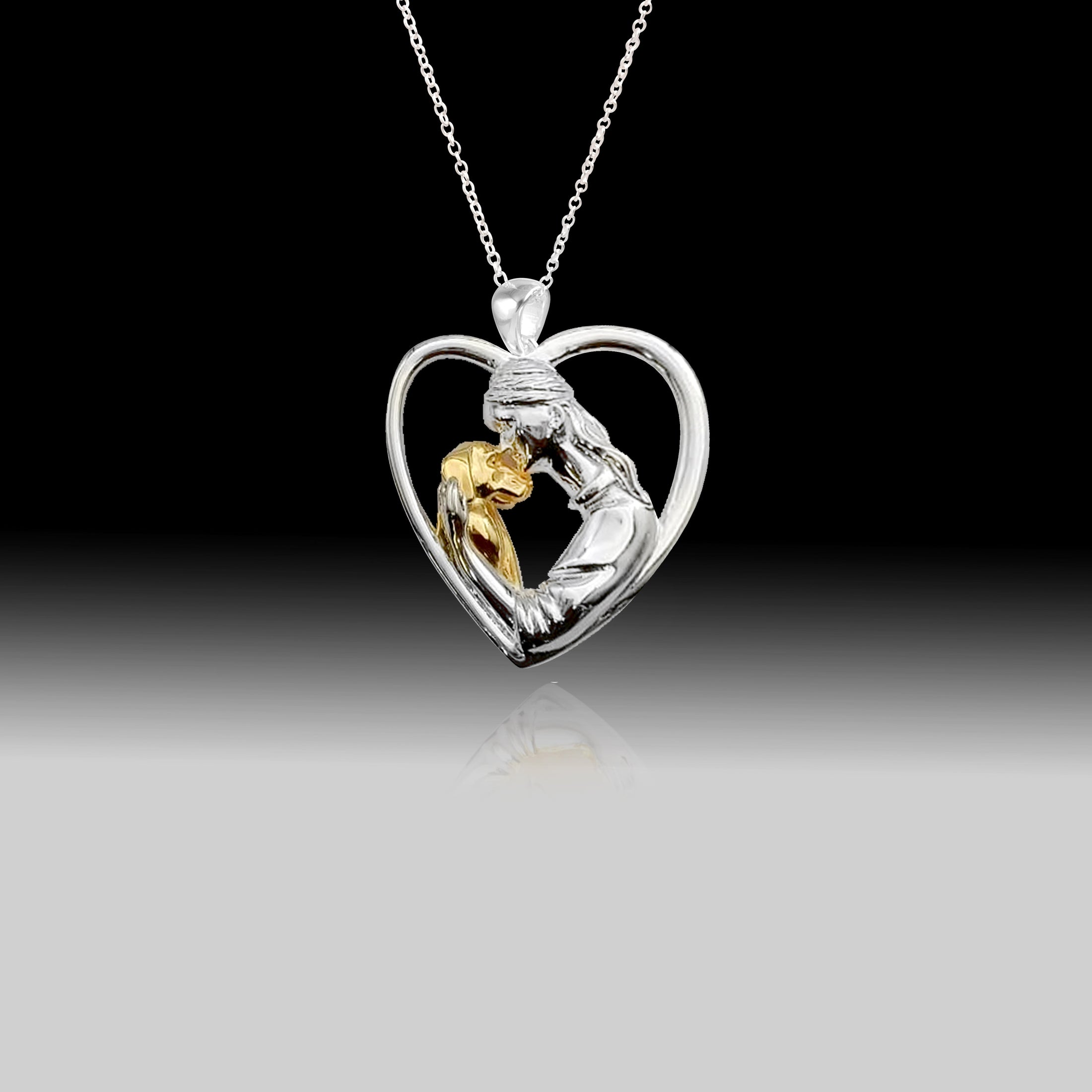 Girl Hugging Dog Heart Shaped Pendant- 925 Sterling Silver Two Toned Piece