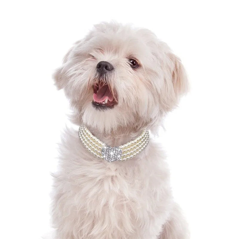 4-Row Pearls Dog Necklace with Rhinestone Heart Pendant - Southlake Paws