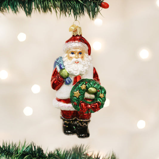 Santa With Wreath Ornament - Southlake Paws