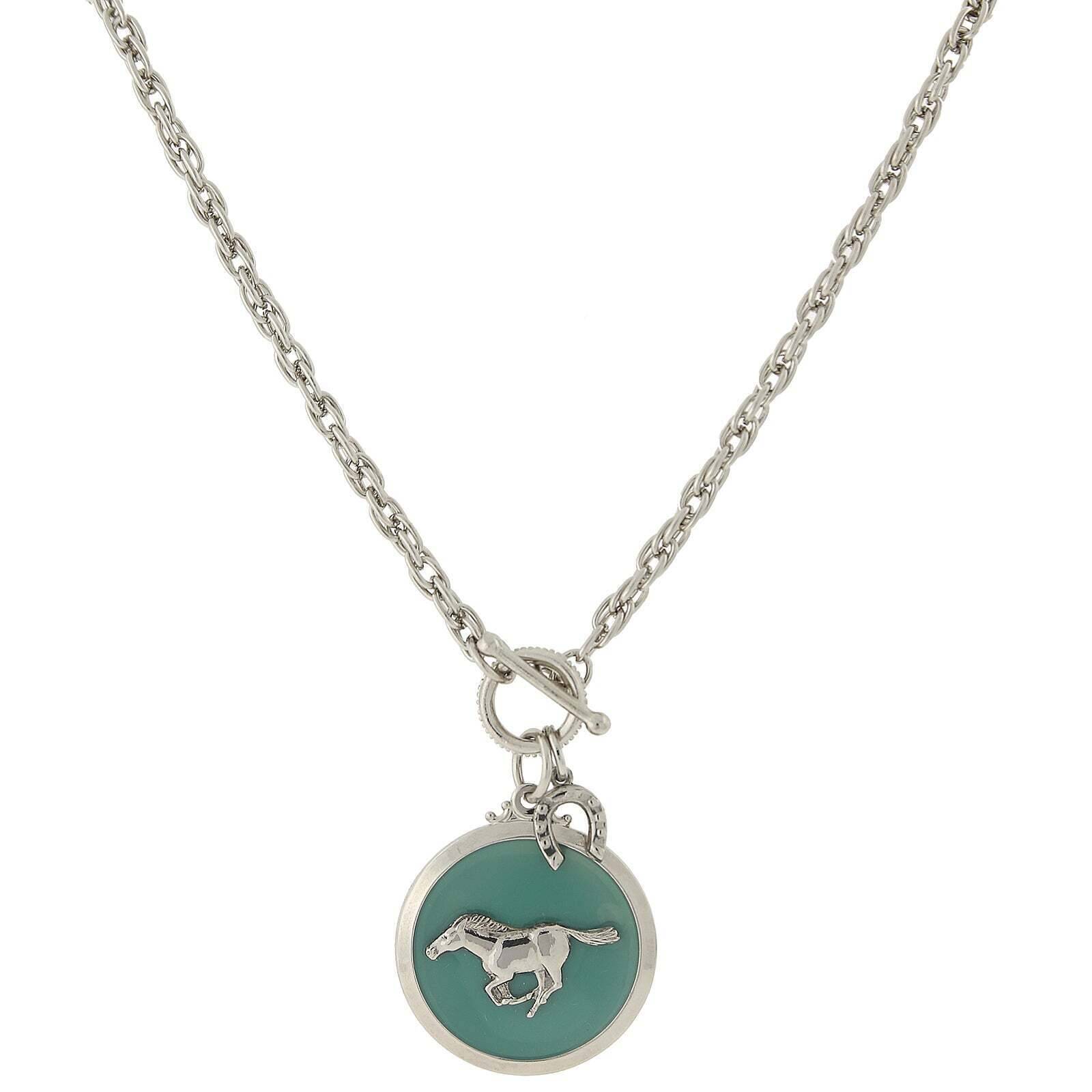 Turquoise Color Enamel Horse Pendant Toggle Necklace 18"