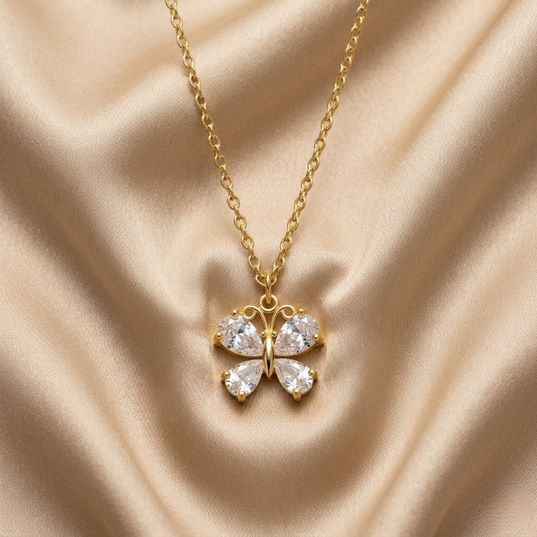 Cubic Zirconia Butterfly Pendant Necklace 16" + 3" Extender