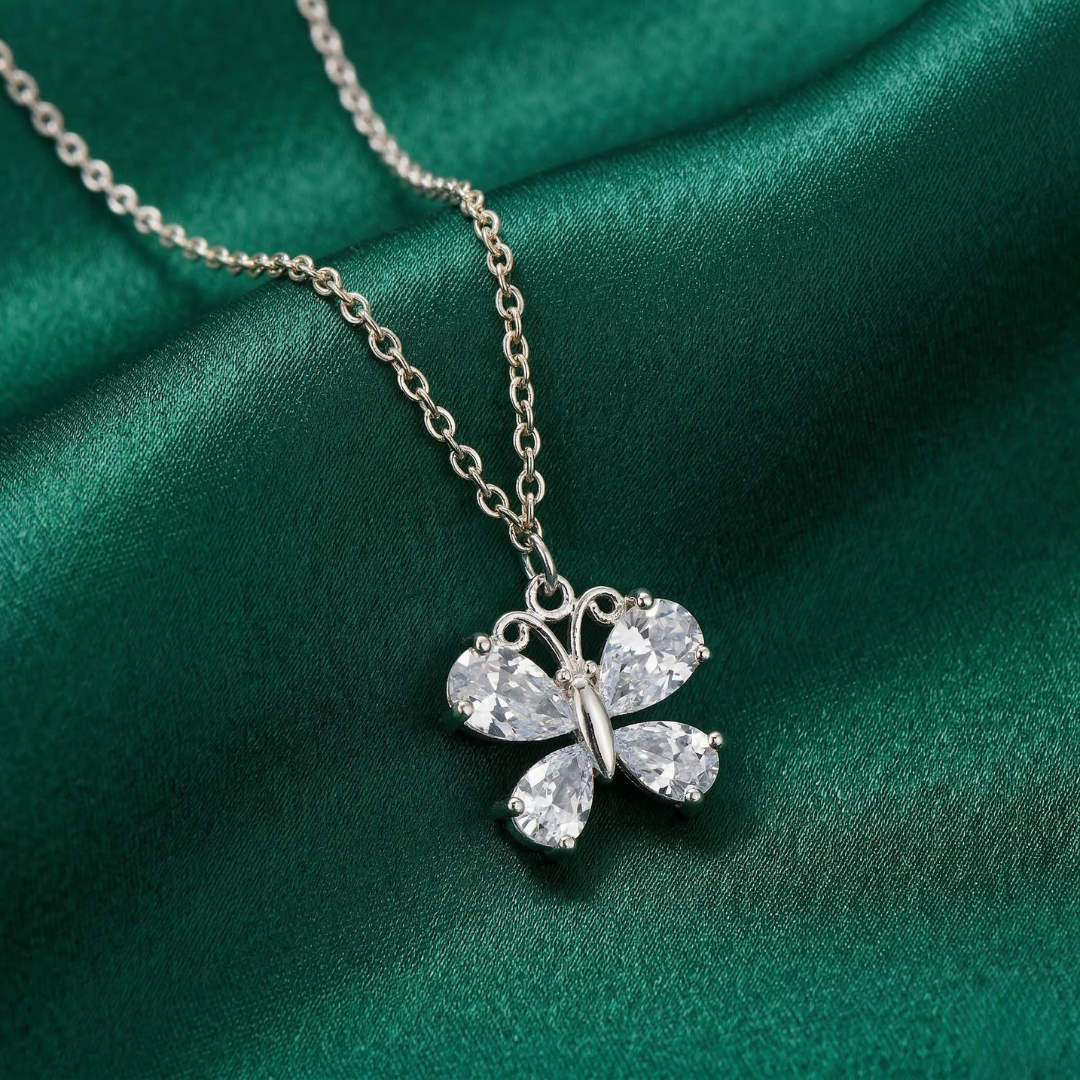 Cubic Zirconia Butterfly Pendant Necklace 16" + 3" Extender