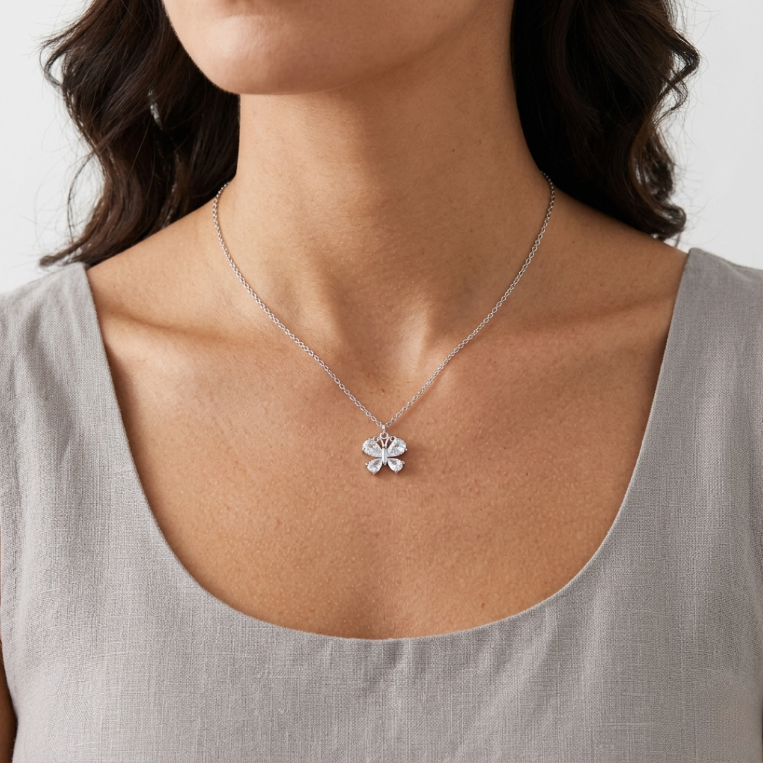 Cubic Zirconia Butterfly Pendant Necklace 16" + 3" Extender