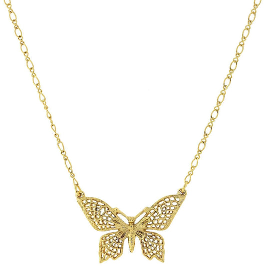 Gold Filigree Butterfly Pendant Necklace 16" + 3" Extender