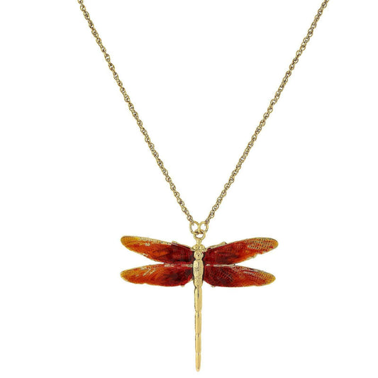 Orange Enamel Dragonfly Pendant Necklace 16" + 3" Extender