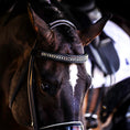 Load image into Gallery viewer, Black and white browband with rhinestones on a horse's bridle, showcasing the horse's head and elegant details.
