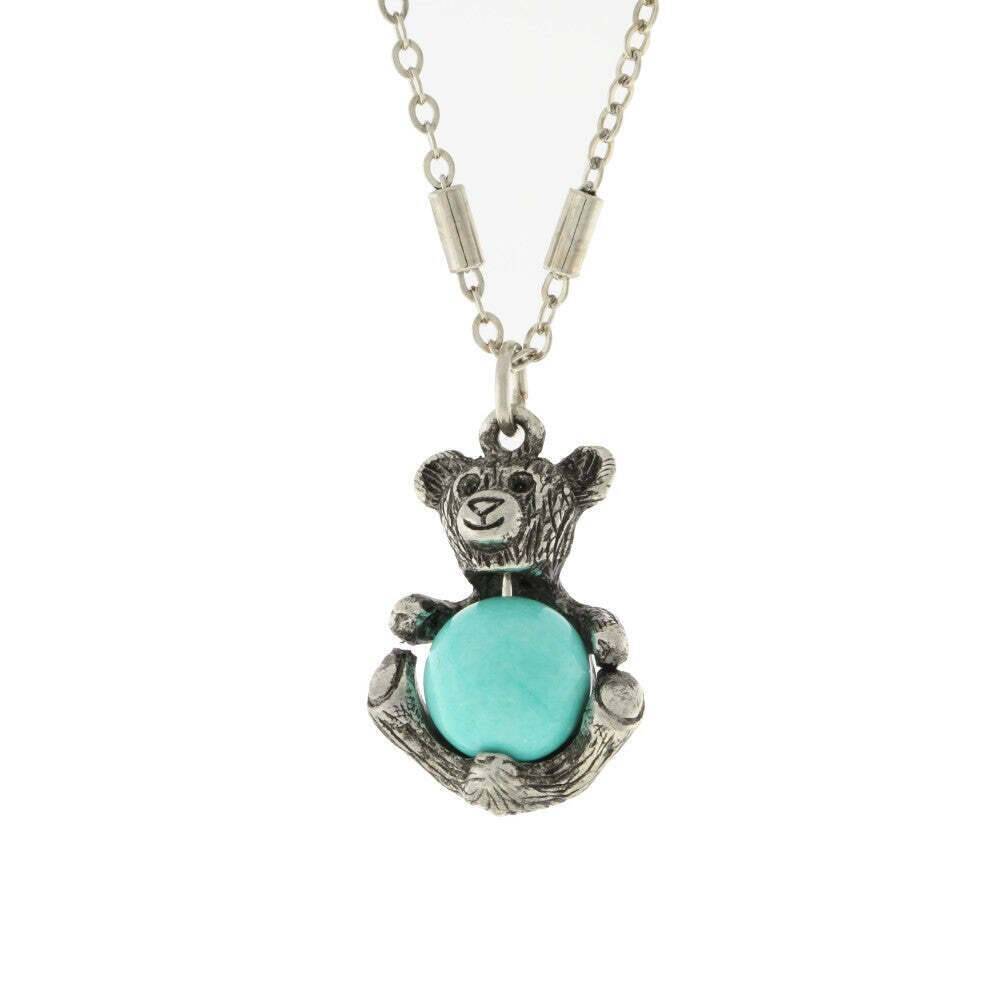 Pewter Round Gemstone Teddy Bear Pendant Necklace 16" + 3" Extender