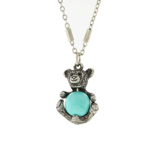 Pewter Round Gemstone Teddy Bear Pendant Necklace 16" + 3" Extender