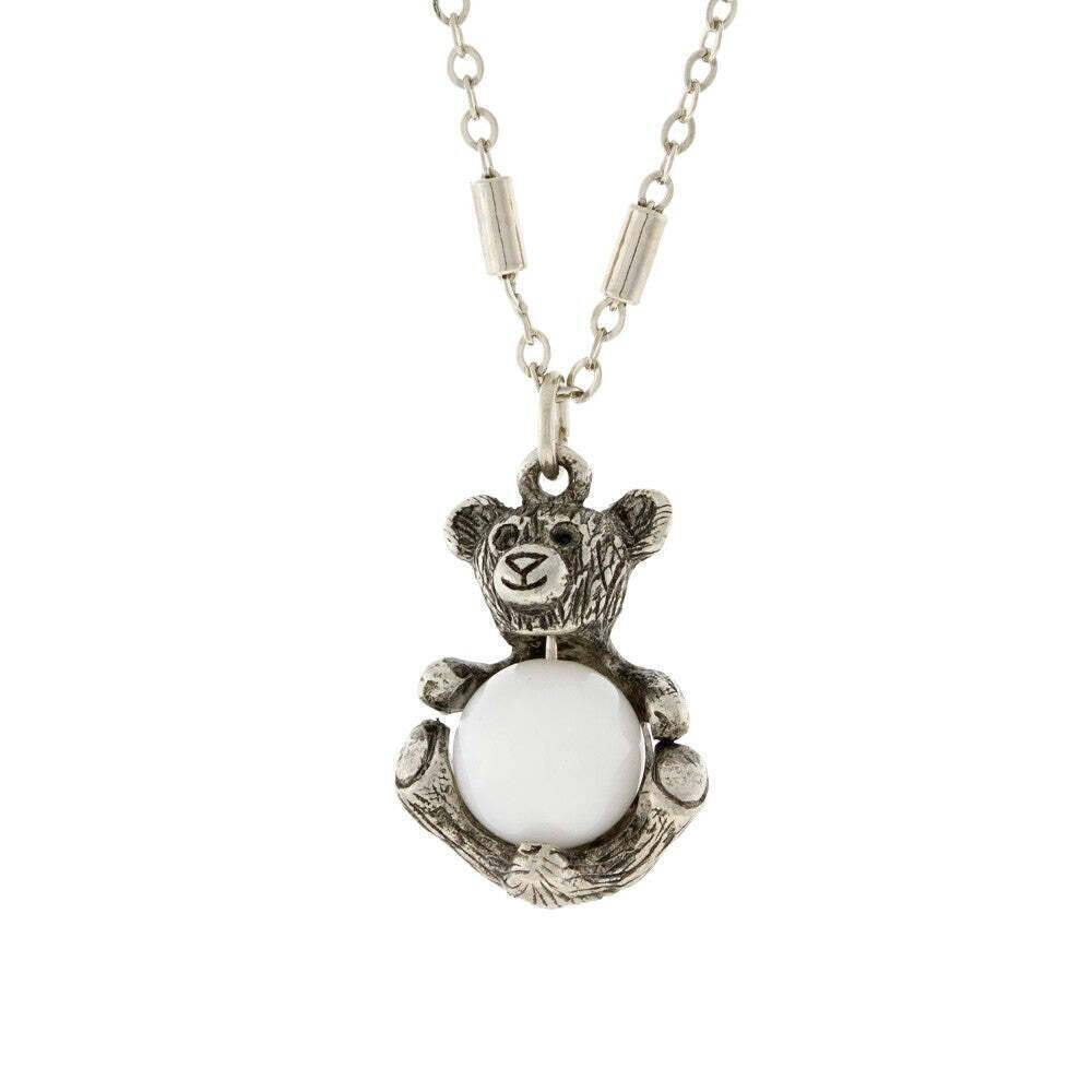 Pewter Round Gemstone Teddy Bear Pendant Necklace 16" + 3" Extender