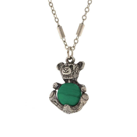 Pewter Round Gemstone Teddy Bear Pendant Necklace 16" + 3" Extender