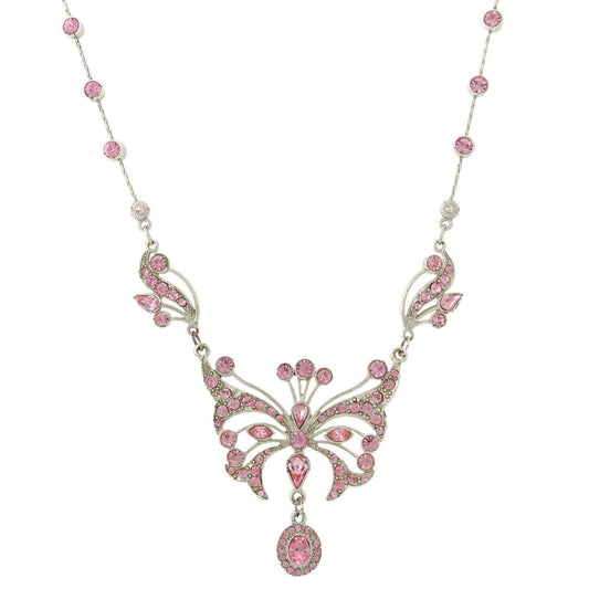 Silver With Pink Austrian Crystal Butterfly Pendant Necklace 15" + 3" Extender In Box