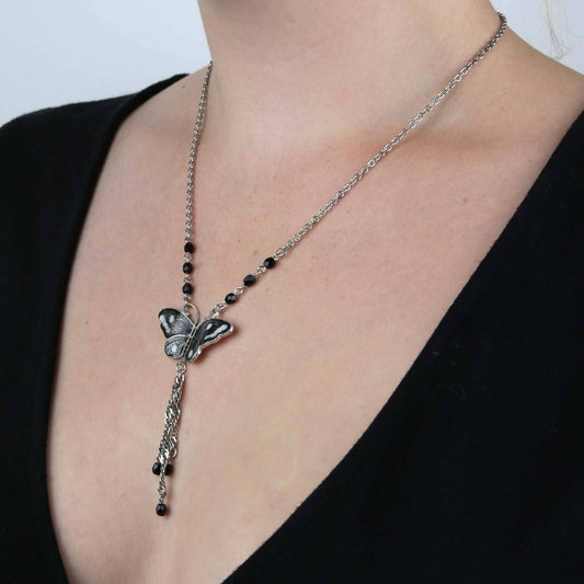 Enamel Butterfly Tassel Necklace 16" + 3" Extender
