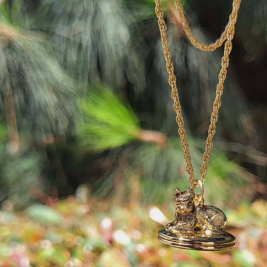 Gold Perched Cat Double Photo Locket Necklace 28"