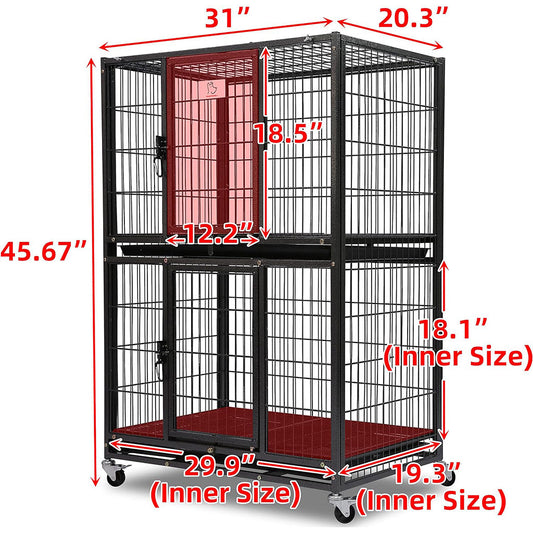 Southlake Paws 31" Two-Tier Dog Crate 46A with black metal frame, two spacious compartments, and rolling wheels for mobility.