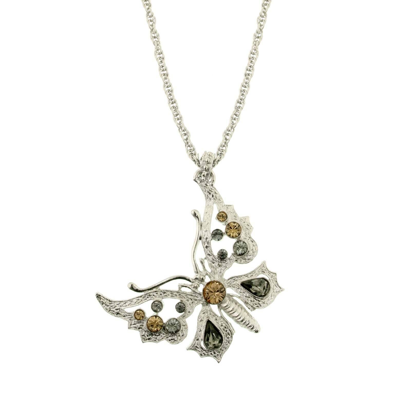 Ornate Multi Crystal Butterfly Pendant Necklace 16" + 3" Extender