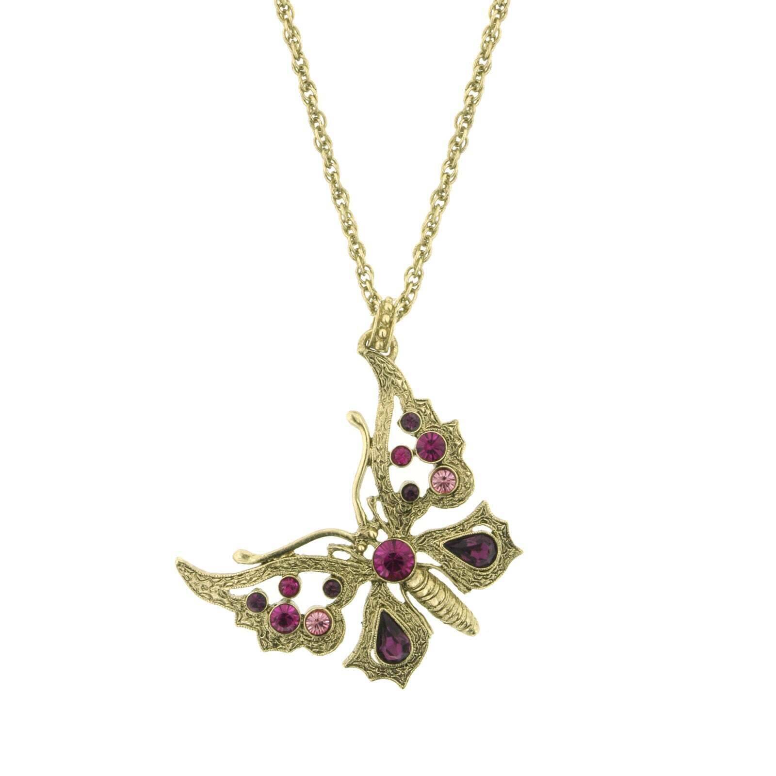 Ornate Multi Crystal Butterfly Pendant Necklace 16" + 3" Extender