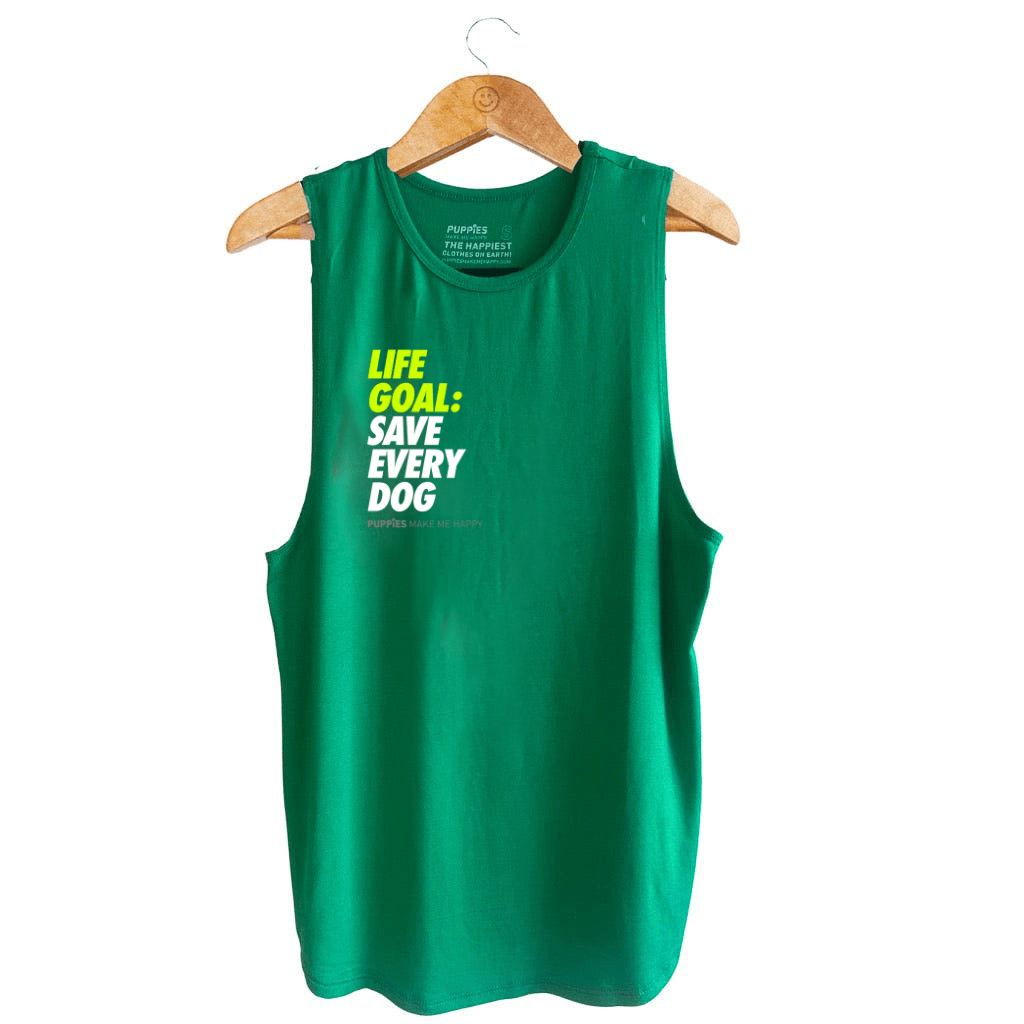 Green women's relaxed tank top featuring the text "LIFE GOAL: SAVE EVERY DOG" in bold print. Ideal for rescue advocates.