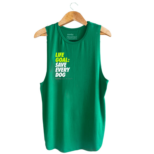Green women's relaxed tank top featuring the text "LIFE GOAL: SAVE EVERY DOG" in bold print. Ideal for rescue advocates.