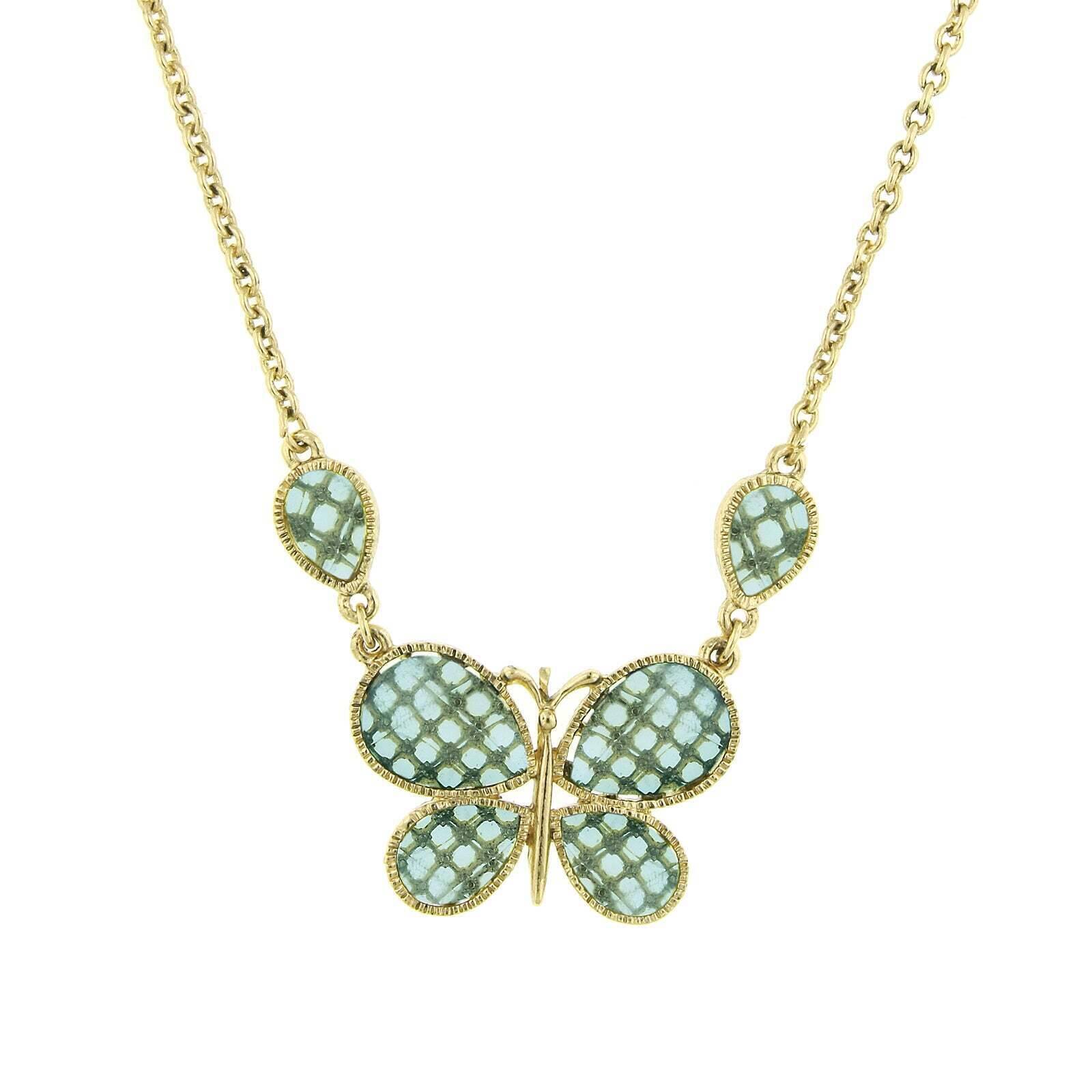 Light Aqua Blue Faceted Butterfly Pendant Necklace 16" + 3" Extender
