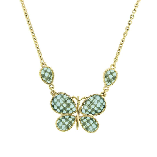 Light Aqua Blue Faceted Butterfly Pendant Necklace 16" + 3" Extender