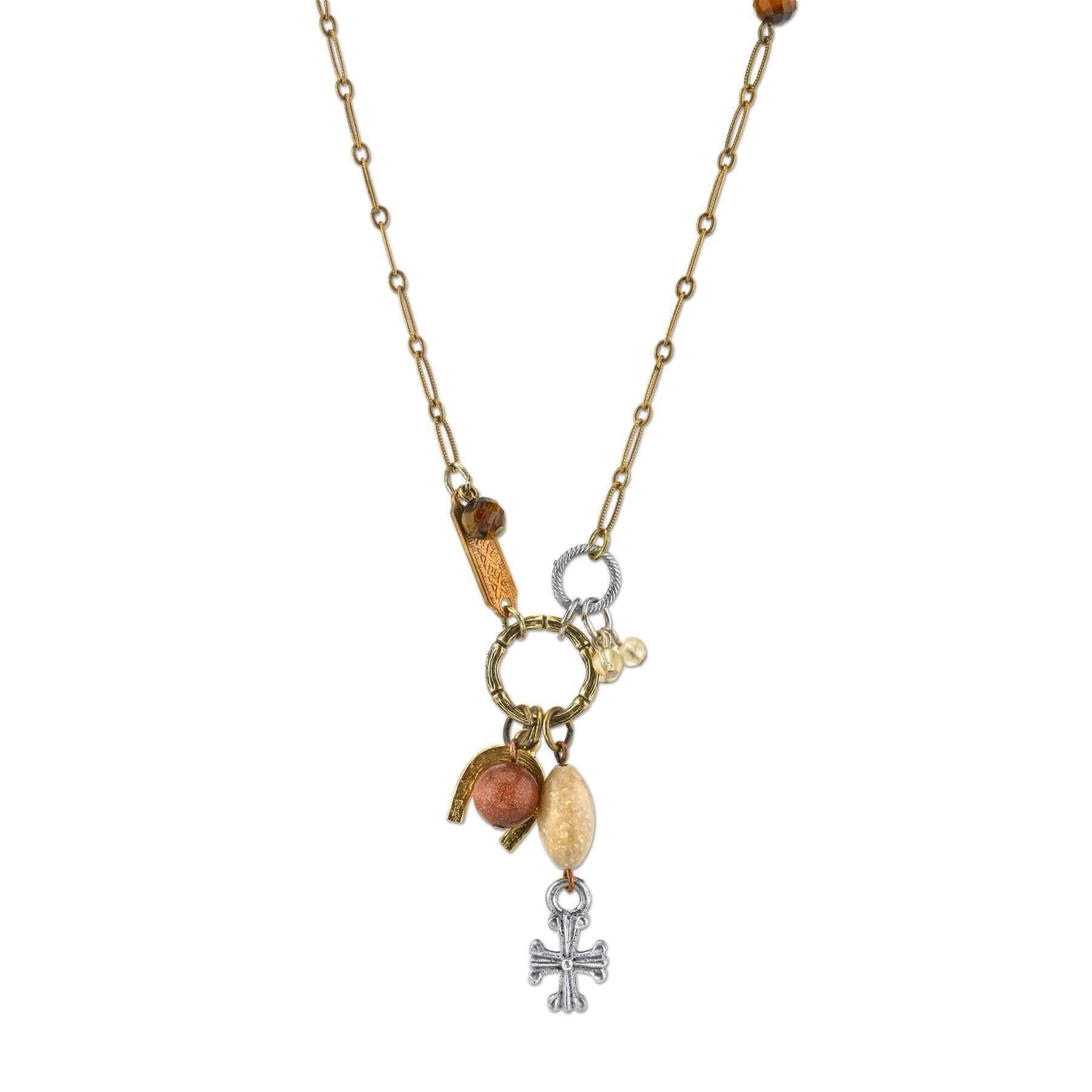 Talisman Of Tenacity With Horseshoe Cross And Gemstone Beads Necklace 30"