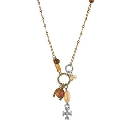 Talisman Of Tenacity With Horseshoe Cross And Gemstone Beads Necklace 30"