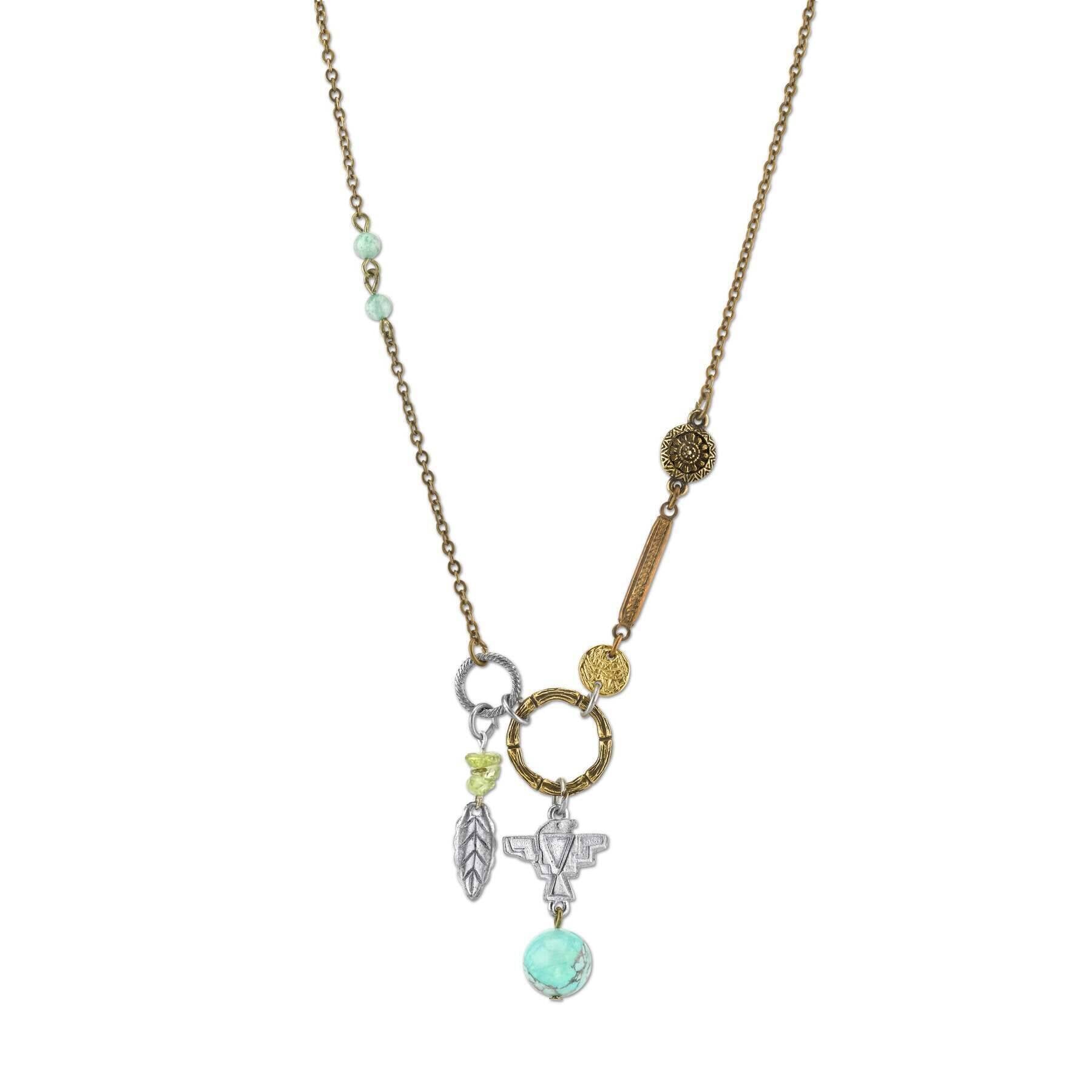 Talisman Of Loyalty With Leaf, Thunderbird And Gemstone Beads Pendant Necklace 30"