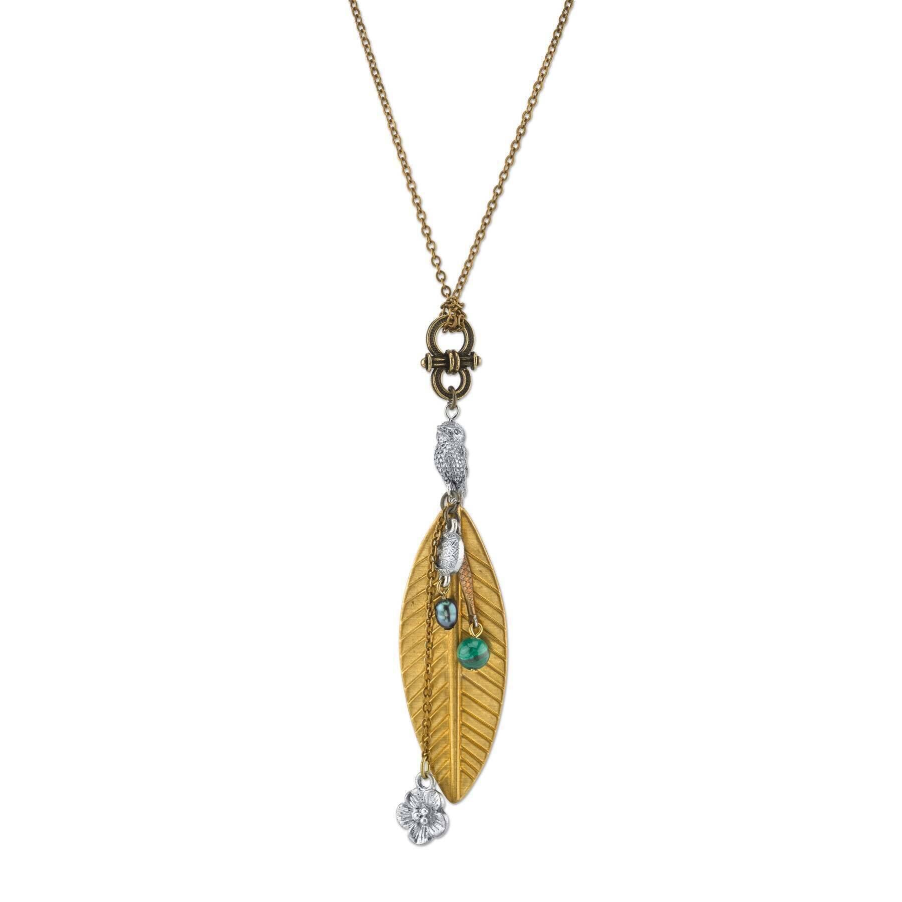 Talisman Of Kindness Bird, Flower, Leaf And Gemstone Beads Pendant Necklace 30"