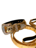 Load image into Gallery viewer, Glam Gold Embossed Studded Italian Leather Collar, Leash & Harness Set With Our Custom Swarovski Crystal Buckle
