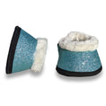 Load image into Gallery viewer, Baby Blue Bell Boots by Southlake Paws featuring a sparkling blue exterior and a soft white faux fur lining.
