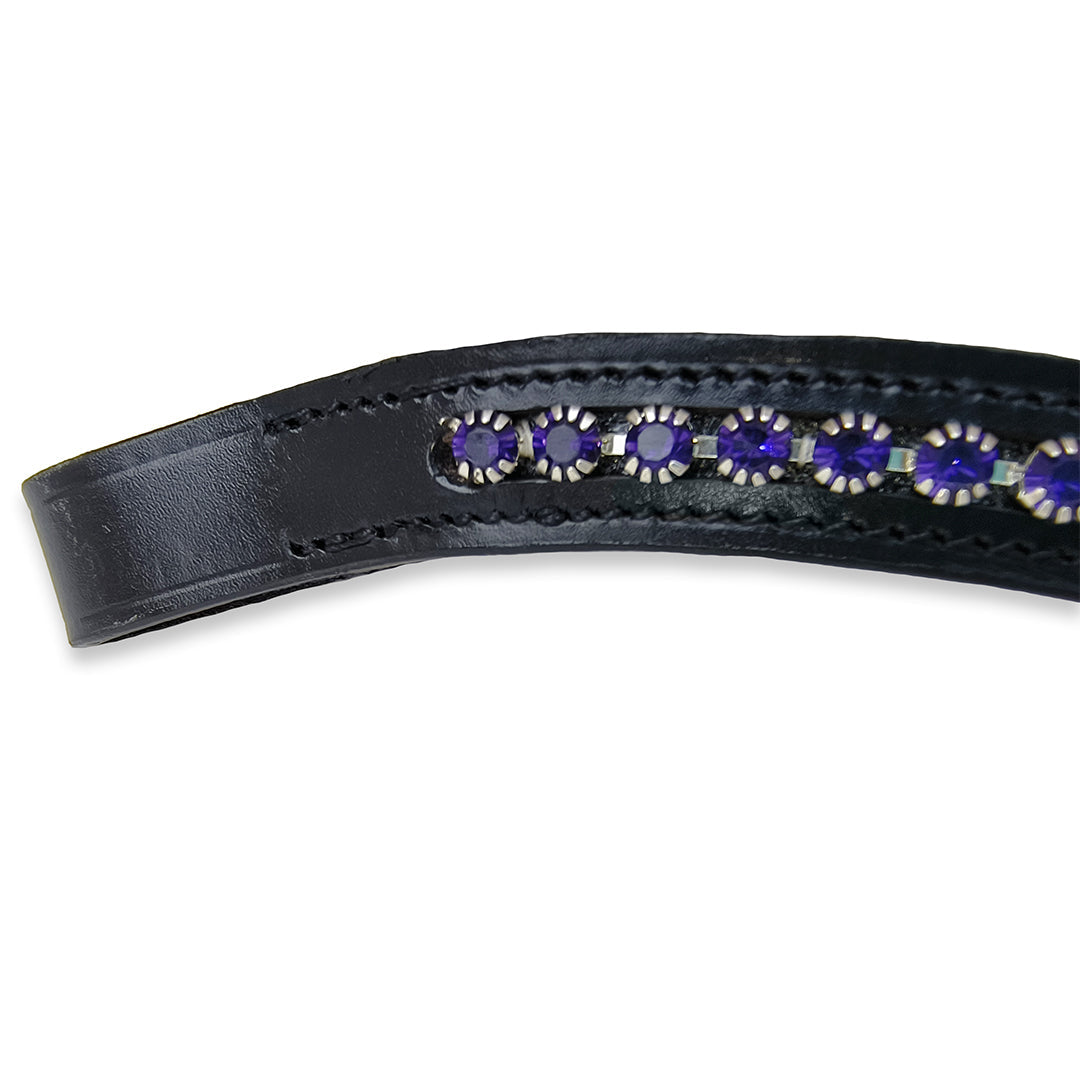 Ultraviolet Browband by Southlake Paws featuring a black leather strap adorned with purple gemstones.