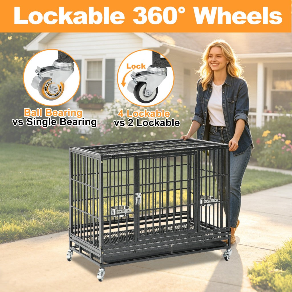 37" Stackable Heavy Duty Dog Crate by Southlake Paws, featuring lockable 360° wheels for easy mobility and stability.