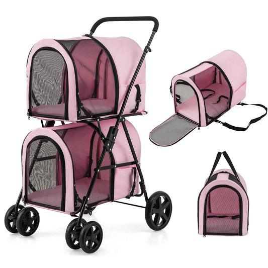 4-in-1 Double Pet Stroller with Detachable Carrier and Travel Carriage