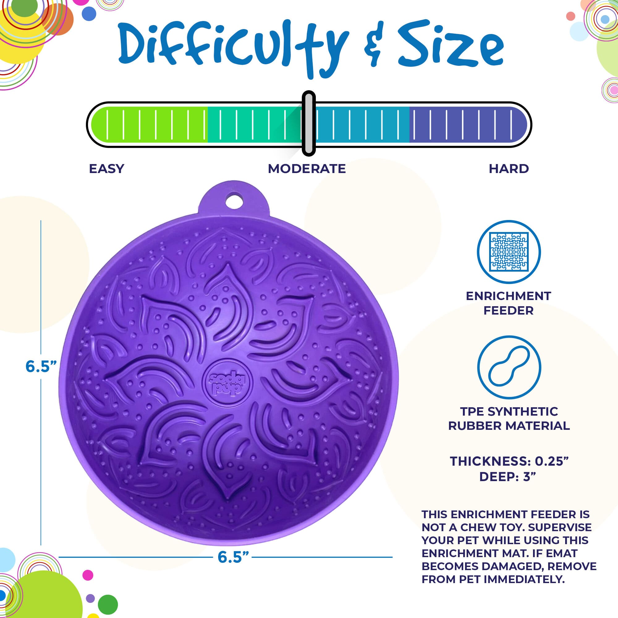 Purple Tipsy Bowl wobble lick mat for dogs and cats, measuring 6.5 inches, made of TPE synthetic rubber, with a floral design