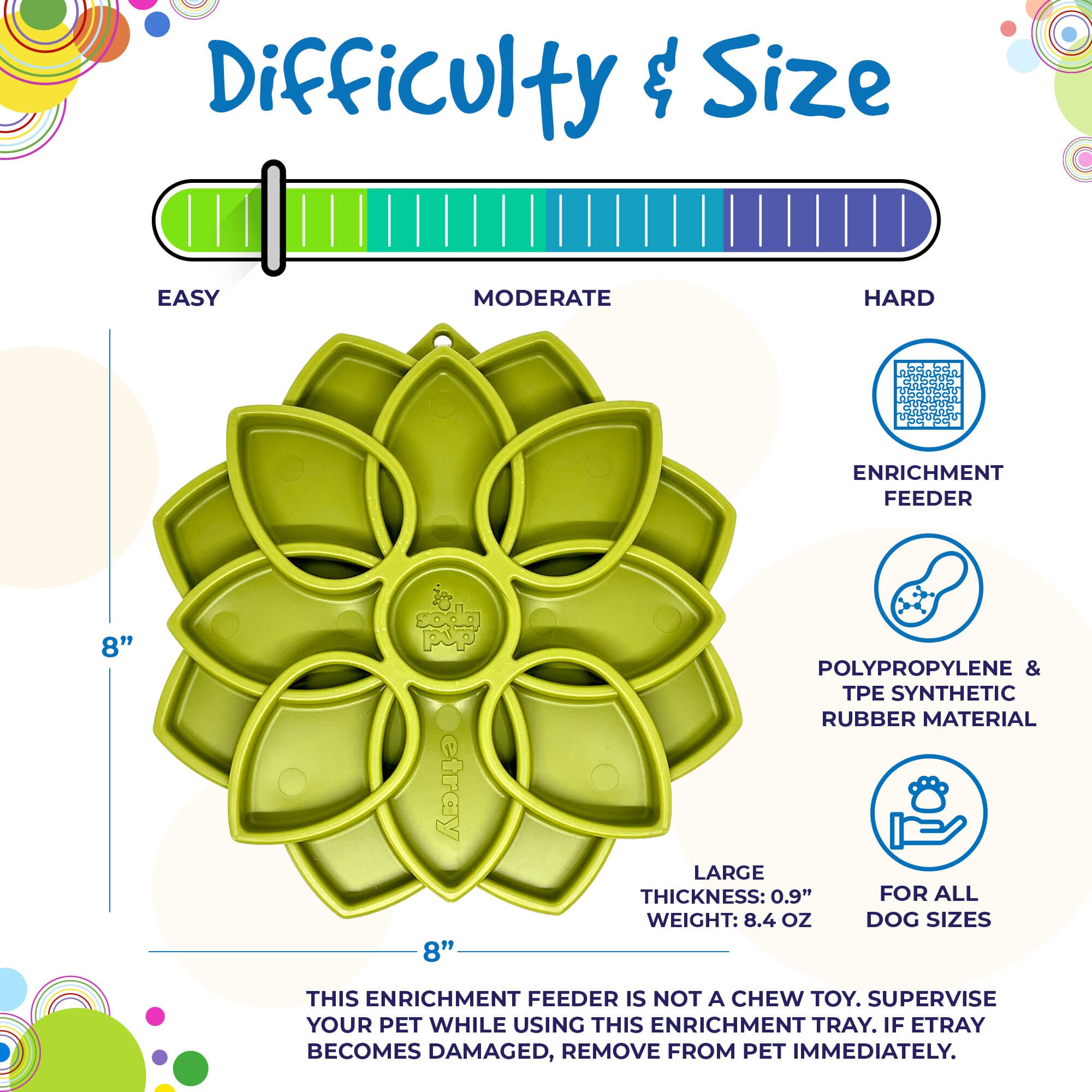 Southlake Paws Mandala eTray Shallow Slow Feeder Dog Bowl, 8-inch green flower design for enrichment, made in the USA.